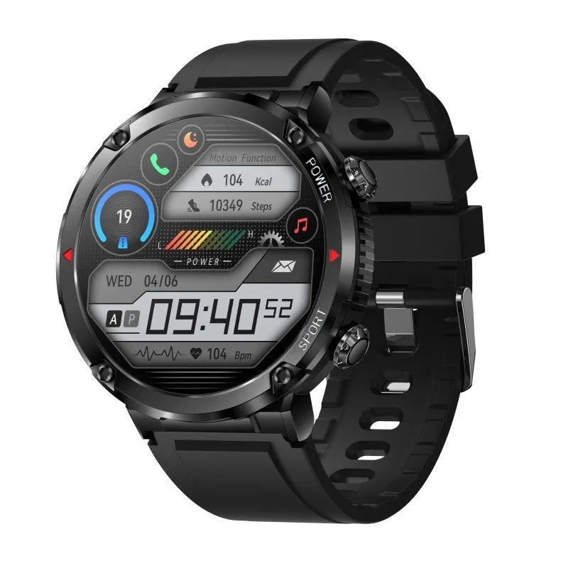 T30 smart watch with black silicone strap showing IPS screen displaying heart rate data.