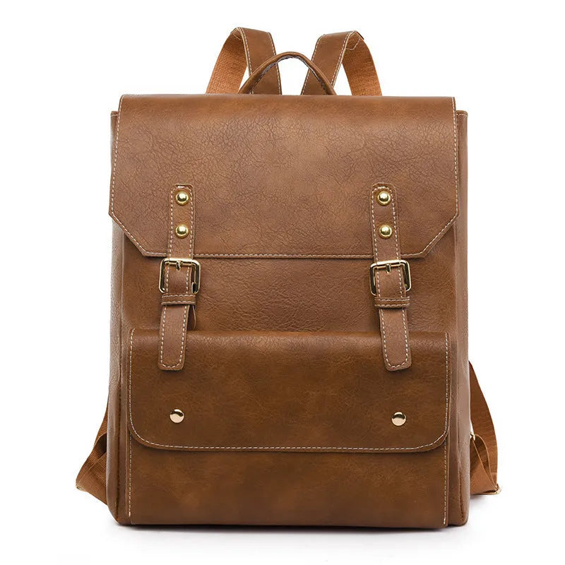 Korean style retro simple backpack in soft PU material, shown in dark brown colour