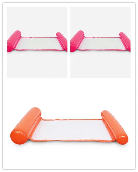 Inflatable water lounge chair in blue, floating in pool with hammock design visible