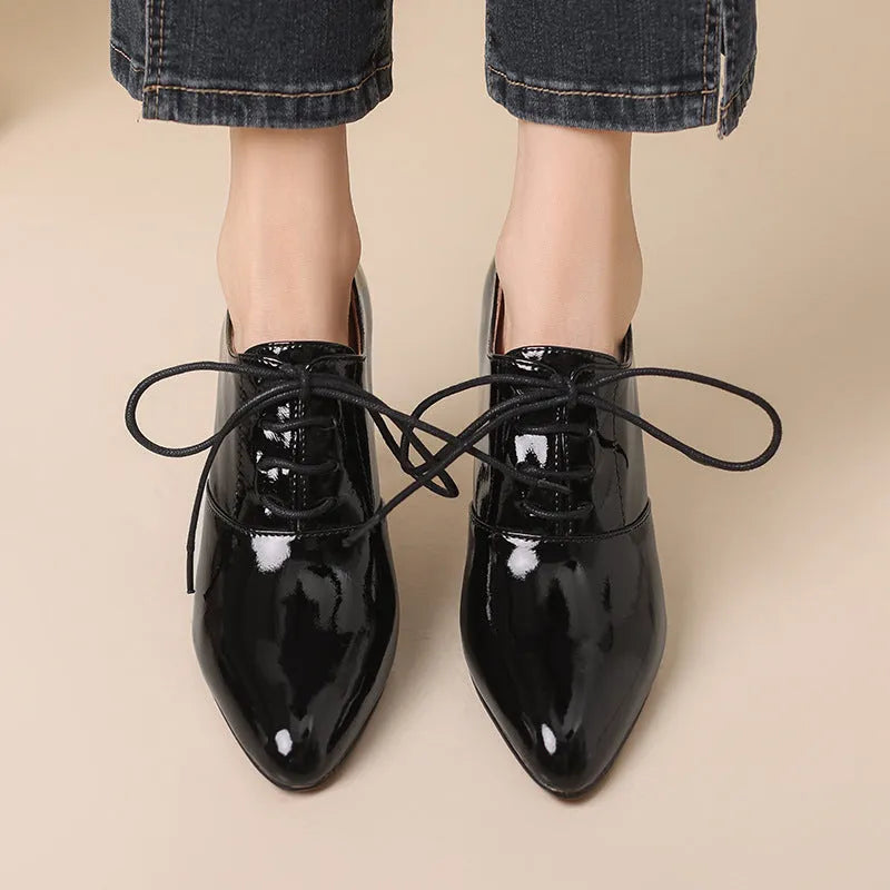 High heel lace-up cowhide leather pointed wedge loafers in wine red
