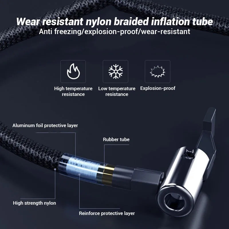 Wireless digital tyre inflator pump with large display showing pressure reading