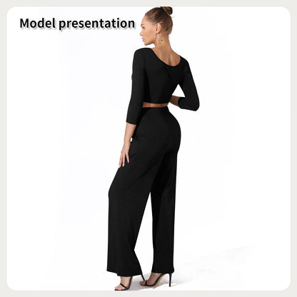 Women's solid colour top and pants set in black or coffee, perfect for versatile styling.