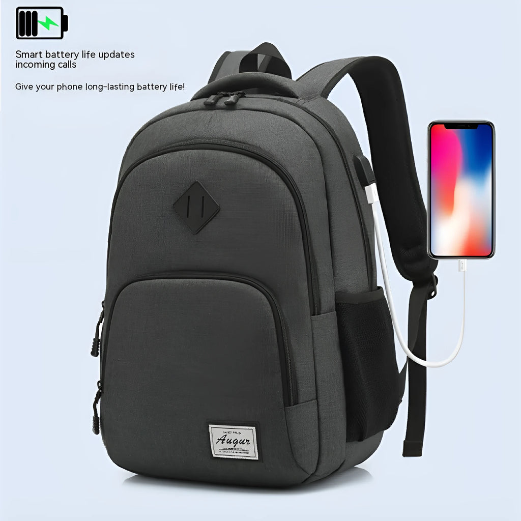 Grey nylon USB charging backpack with trolley case sleeve showing dimensions 32x46cm