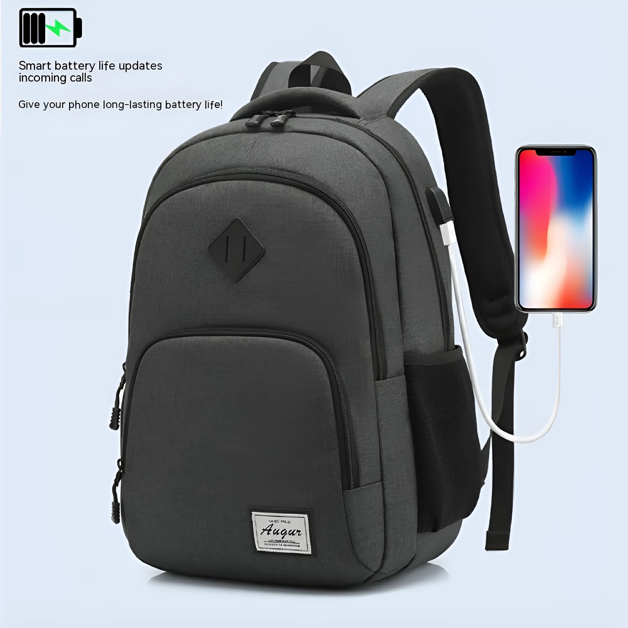 Grey nylon USB charging backpack with trolley case sleeve showing dimensions 32x46cm
