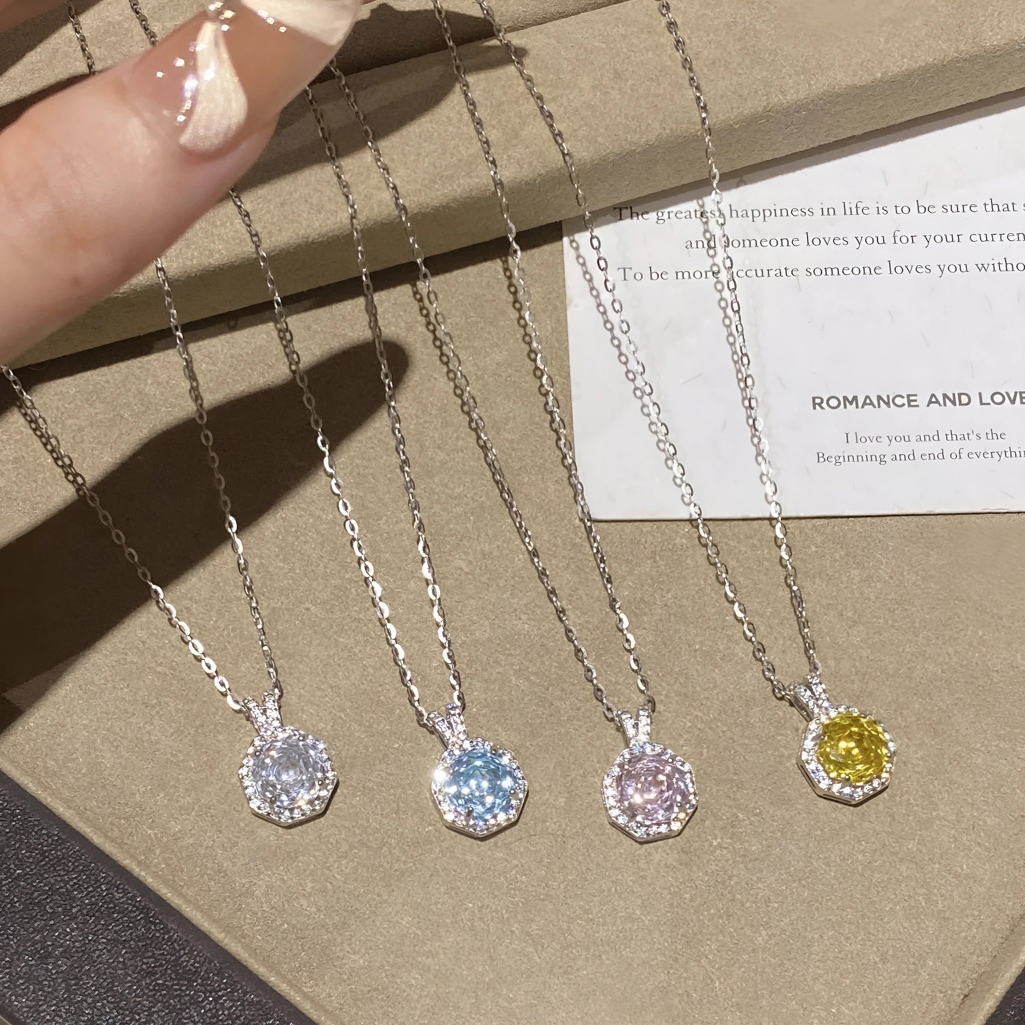 925 silver octagonal rose cut zircon collarbone chain necklace on model, platinum-white electroplated finish