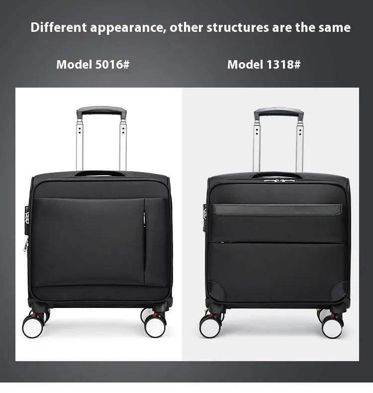 Black 18-inch Oxford cloth business travel suitcase with pull handle and wheels