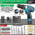 12V pistol grip impact drill and screwdriver set in plastic storage box