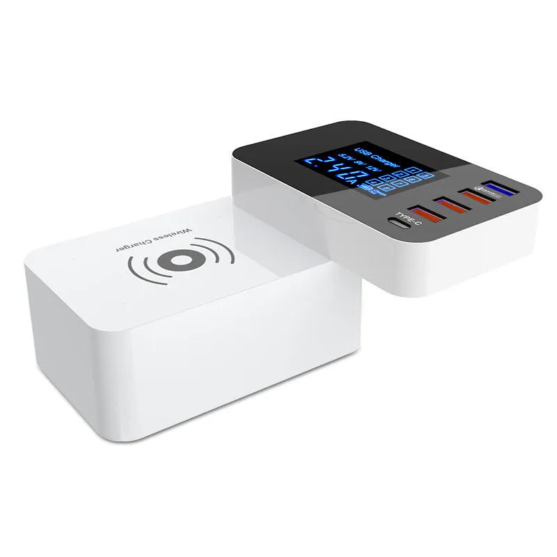 White multi USB port fast wall charger with integrated 10W wireless charging pad and UK, EU, US travel plug adapters