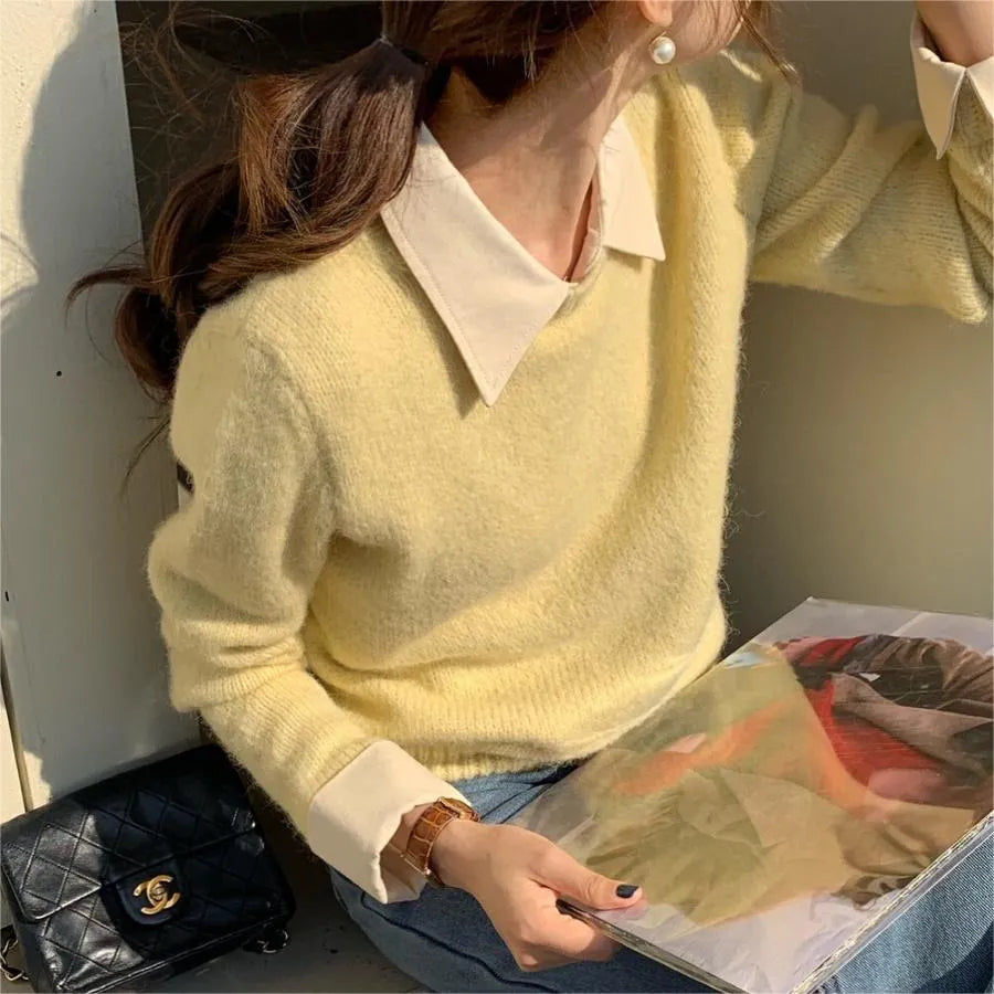 Women's loose-fitting knit top with contrast colour lapels in seven colour options