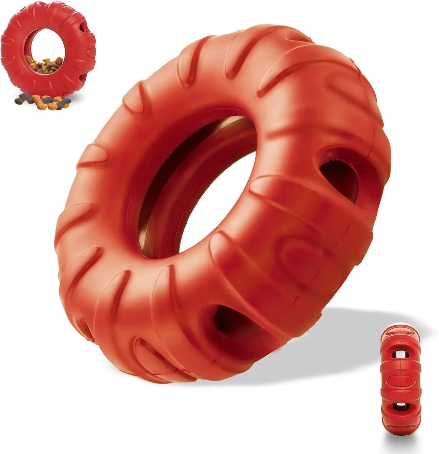 Blue rubber dog chew toy shaped like a tyre with holes, for medium and large dogs