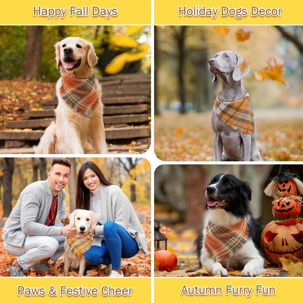 Classic plaid dog bandana with tassel edges in autumn colours on canine