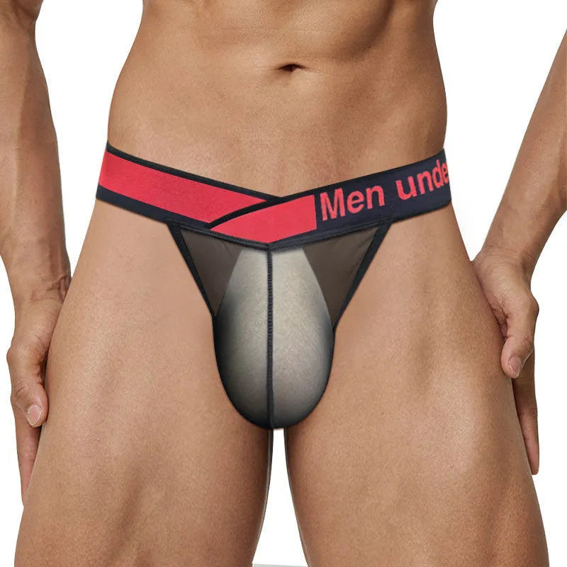 Men's transparent ice silk underwear with V gradient front design in black, red, and white colours