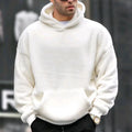 Men's fleece-lined lamb wool hooded sweater in black, front view, with hood and patch pockets