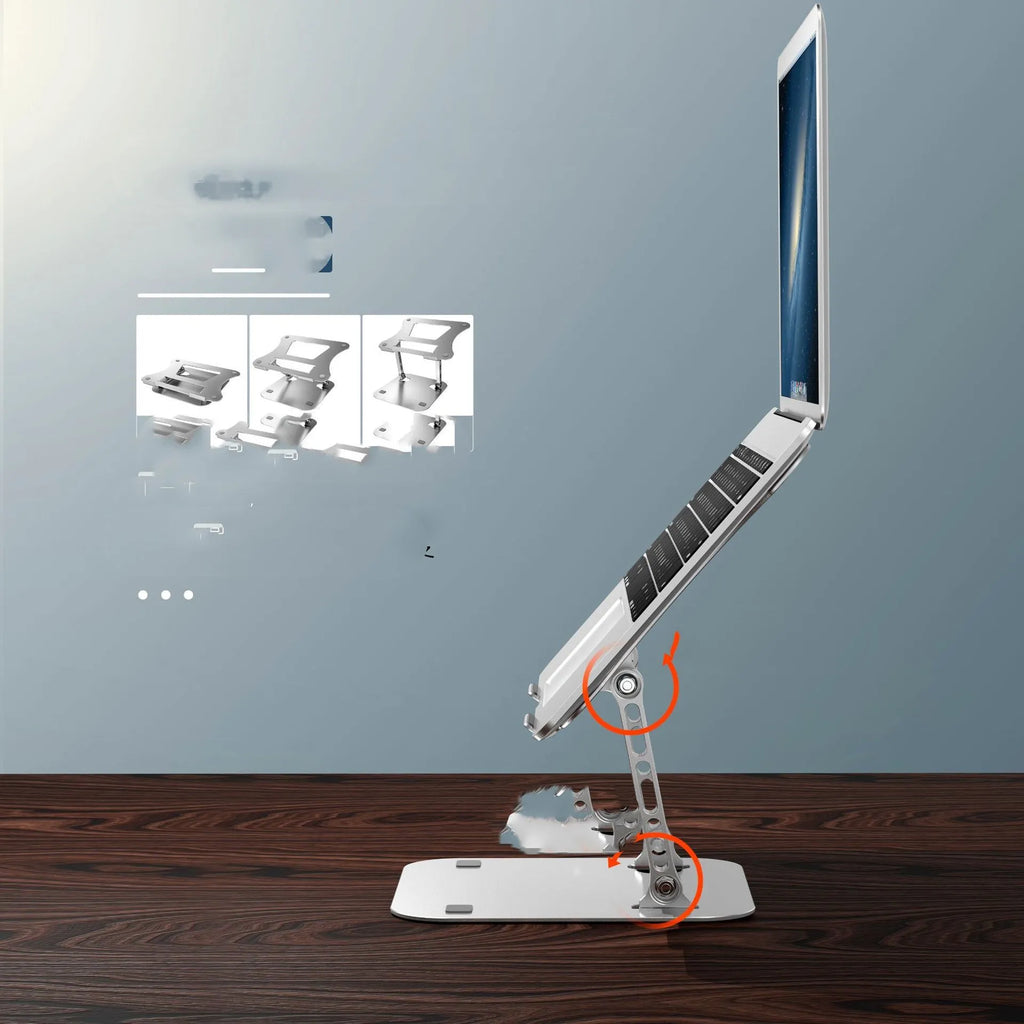 Silver aluminium alloy folding notebook cooling rack with open legs, next to a laptop on a desk