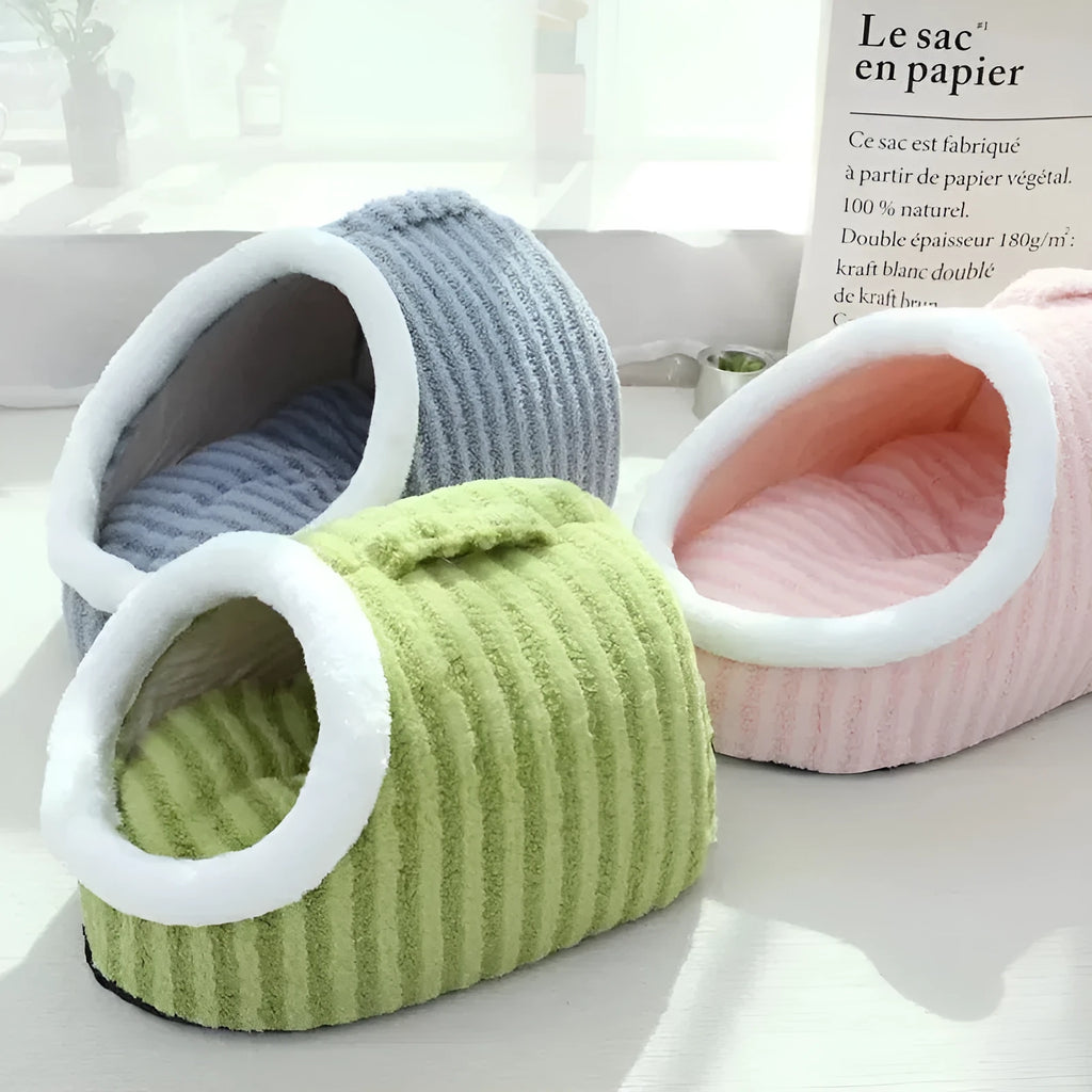 Thickened 3D plush dog cat bed with removable sponge in striped blue green pink yellow colours