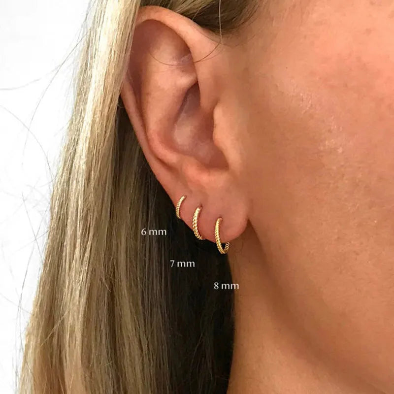 S925 sterling silver twisted string round ring earrings in multiple sizes from 6mm to 13mm diameter