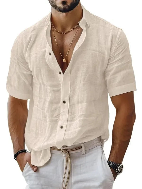 Men's solid colour short sleeve lapel shirt in a cotton linen blend fabric on a hanger.