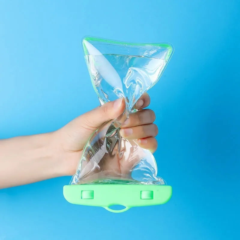 Luminous transparent PVC waterproof phone bag in orange, sealed with touchscreen access, for beach and swimming use