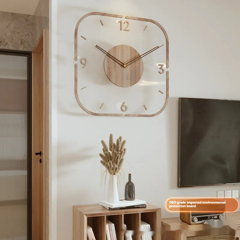 Modern transparent wooden frame wall clock with 35cm square dimensions for living room or office