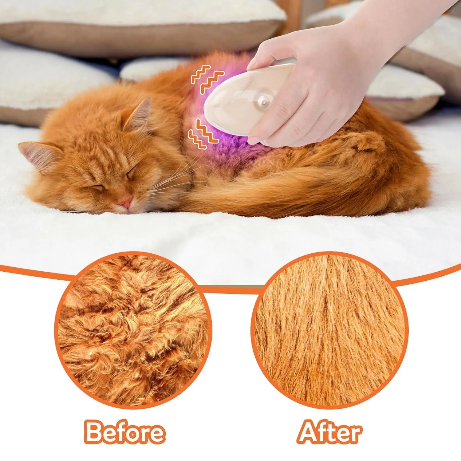 Yellow USB rechargeable cat brush steamer with water tank, silicone brush head, and UV detection light.