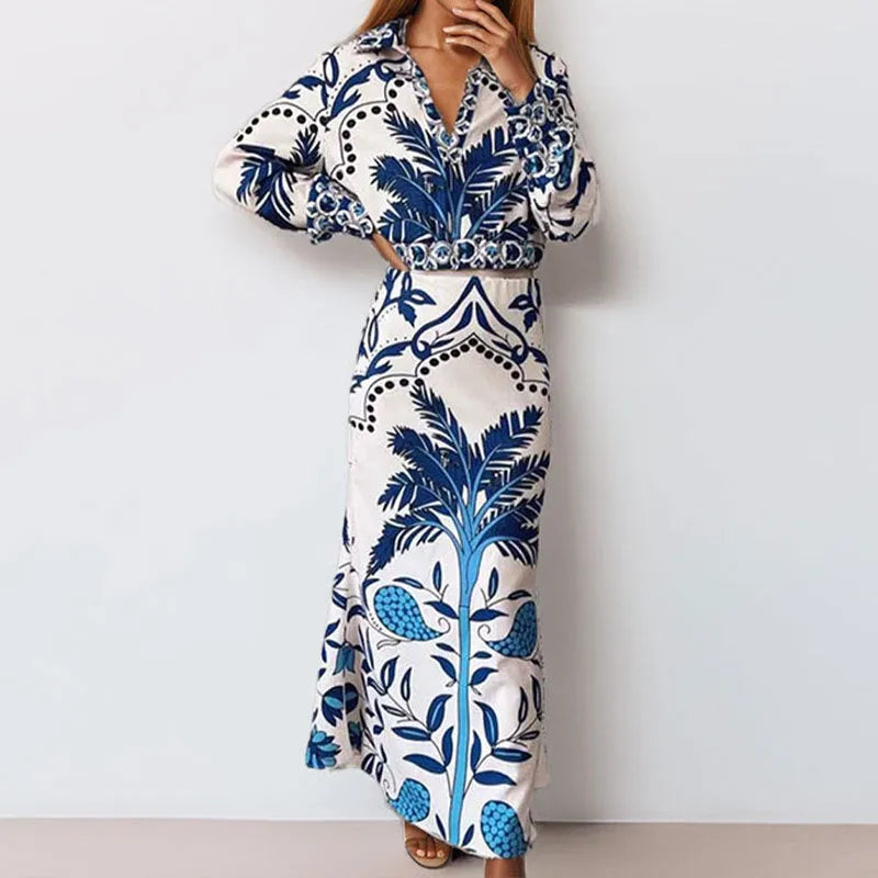 Early spring floral casual set with long sleeve top and long skirt in picture colour