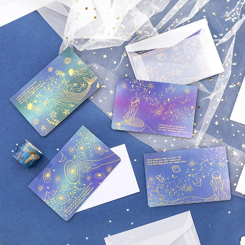 Set of three bronzed, pre-folded paper greeting card envelopes in one of four colour styles.