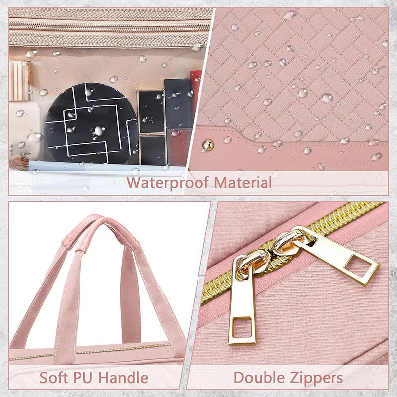 Pink waterproof hanging cosmetic bag with dimensions 30.5cm wide by 22.9cm tall