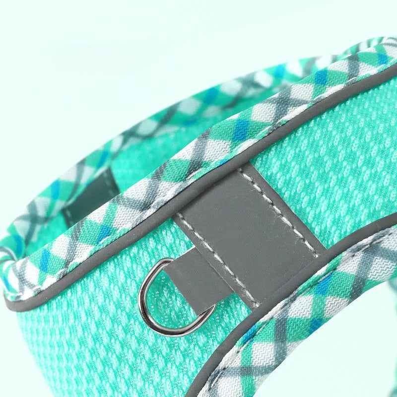 No-pull step in dog harness with breathable mesh and reflective strips, includes 1.2m leash, on a small dog