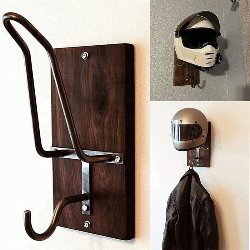Sturdy black motorcycle helmet rack jacket hook mounted on wall
