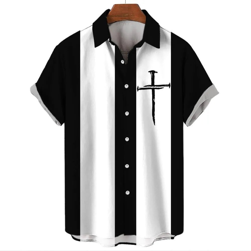 Men's striped Hawaiian short sleeve button-up shirt on a hanger.