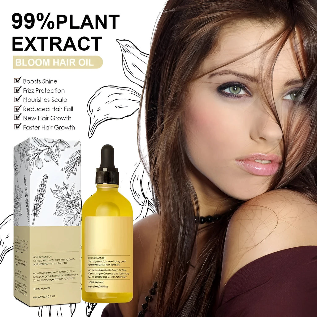 Yellow liquid rosemary essential hair oil in 60ml bottle for damaged hair treatment