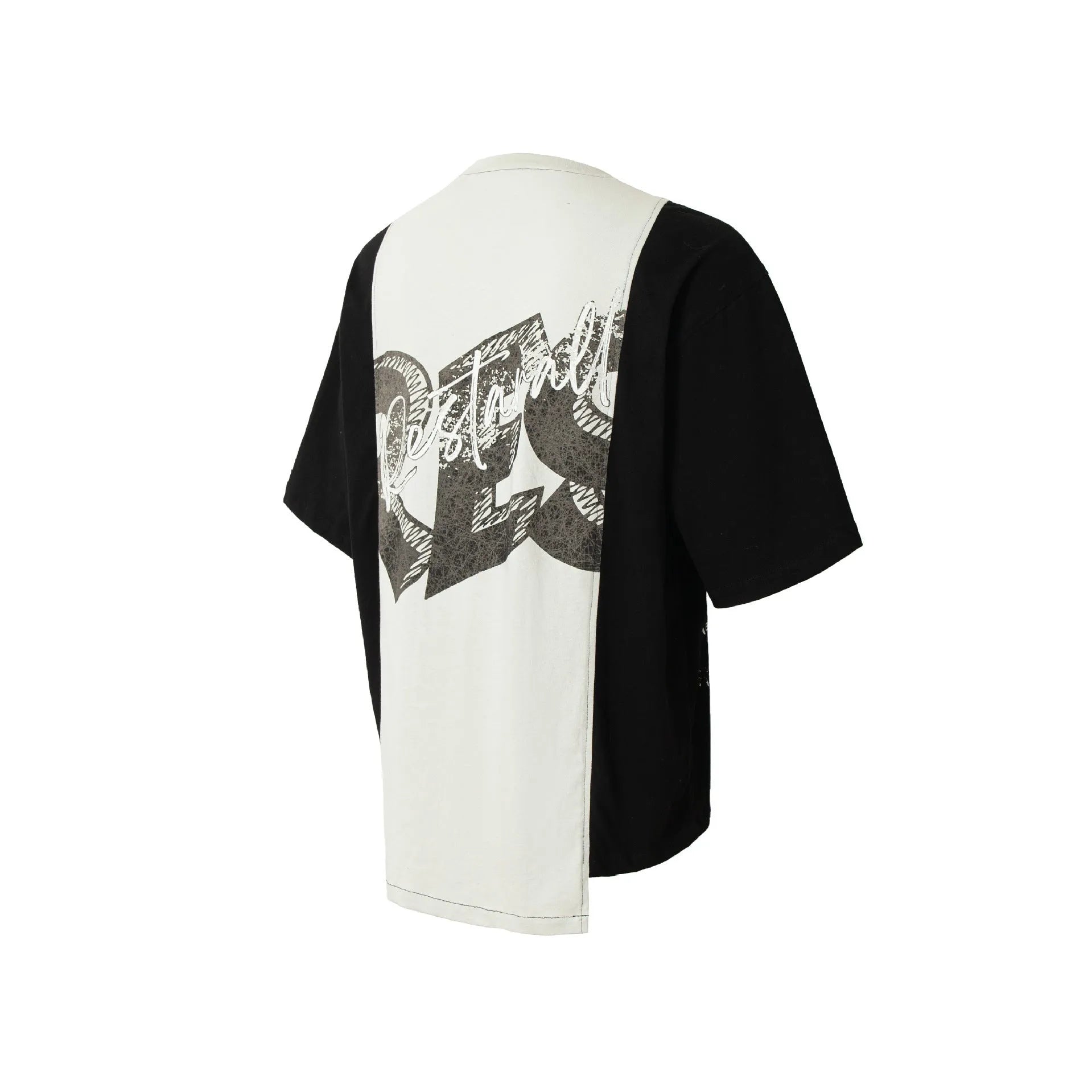 Black and white deconstruction print on a loose-fit cotton blend T-shirt with short sleeves.