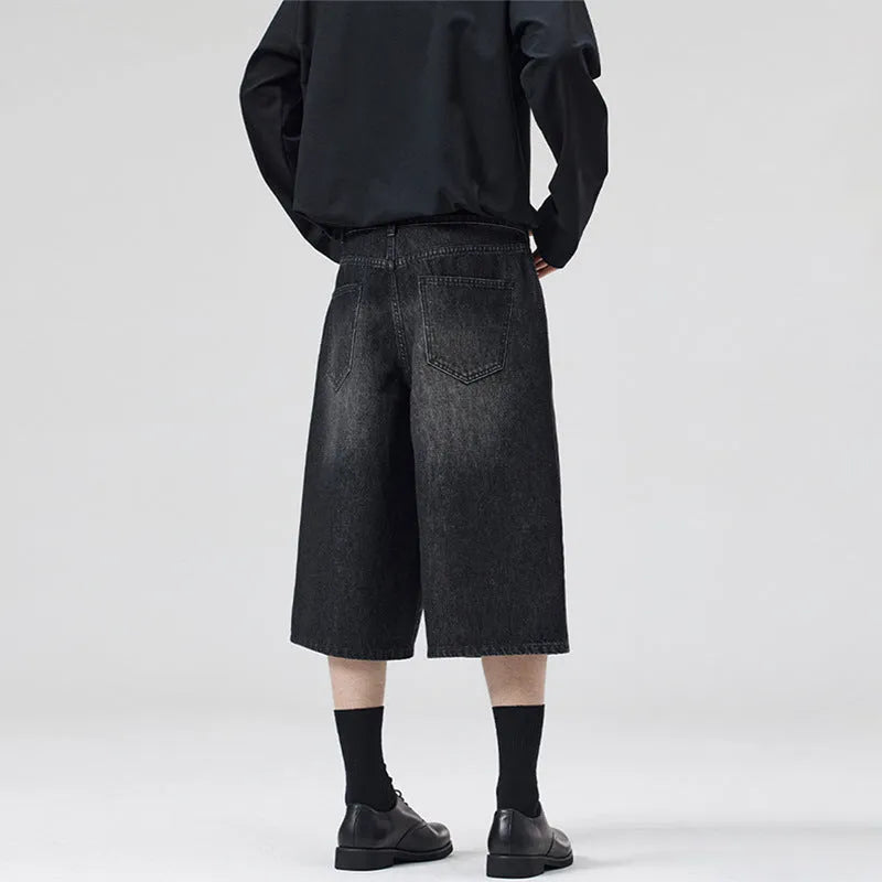 Men's loose straight-leg cropped denim shorts in multiple colour options