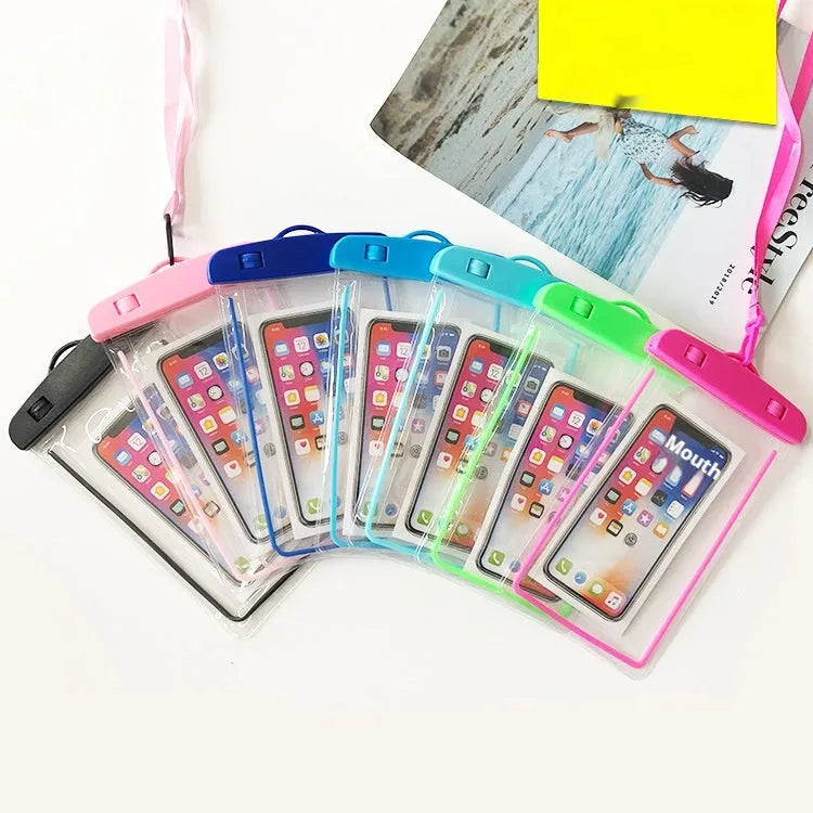 Luminous transparent PVC waterproof phone bag in orange, sealed with touchscreen access, for beach and swimming use
