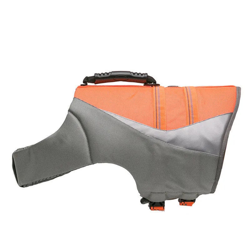 Pet dog swimming life jacket in orange with 3M reflective strips, adjustable straps, and lifting handle