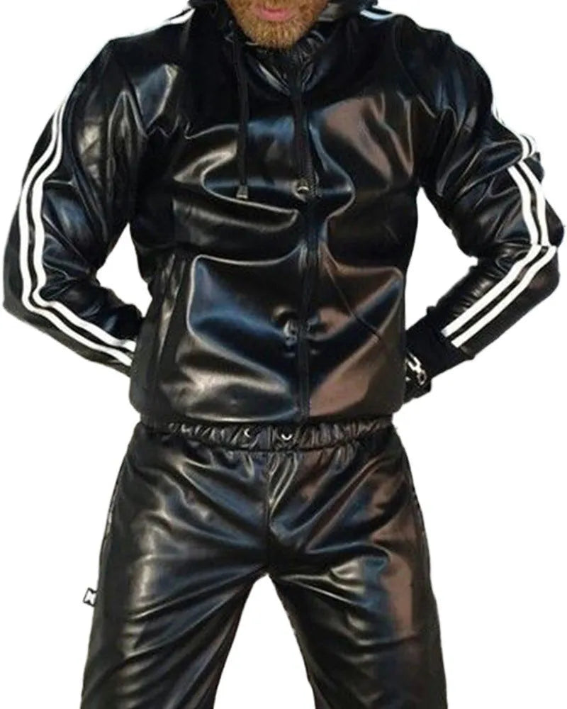 Black men's hooded PU leather sports jacket and matching nylon trousers set on a mannequin.