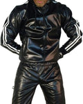 Black men's hooded PU leather sports jacket and matching nylon trousers set on a mannequin.