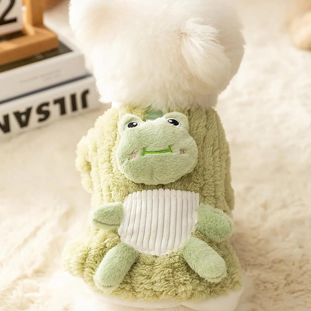Green fluffy frog pet hoodie for small and medium dogs and cats with white trim and D-ring