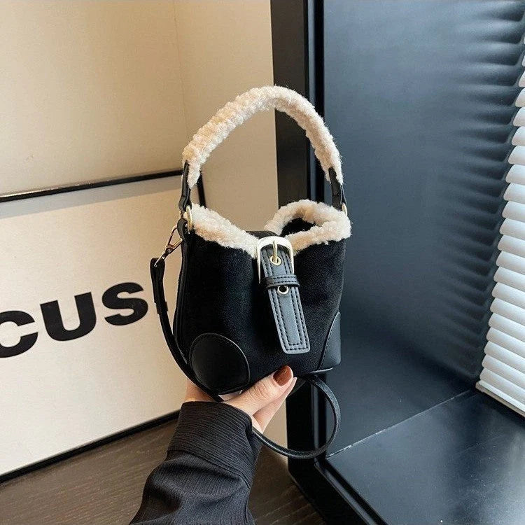 Retro plush crossbody bag for women in black, brown, coffee, and khaki