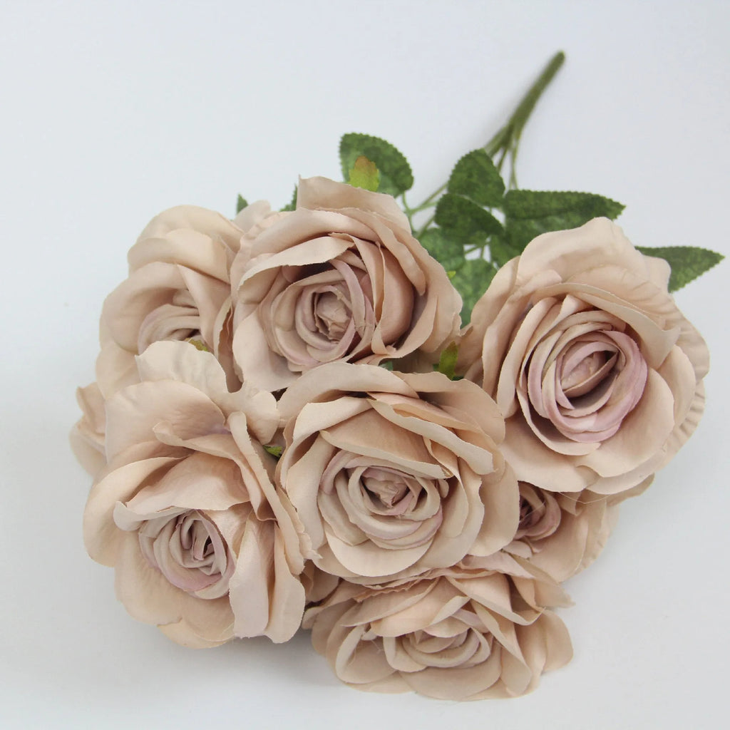 Simulation 10-head rose artificial silk flower in white, 53cm tall, for wedding decoration