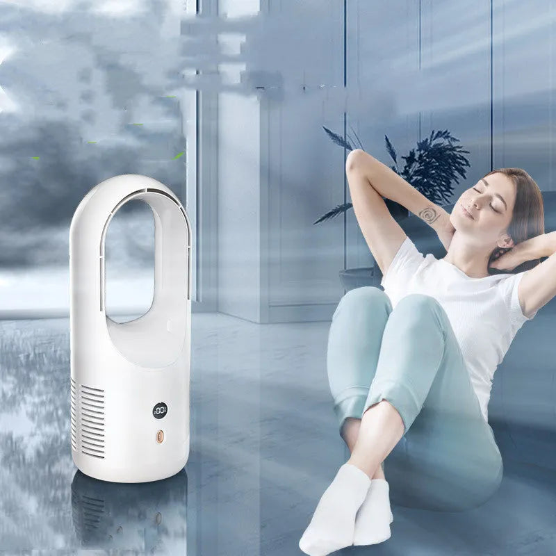A compact white bladeless desk fan with an LED display, showing its dimensions and safe, blade-free air outlet.