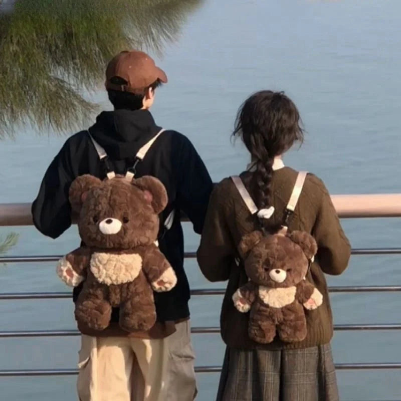 Love Bear Plush Shoulder Backpack in neutral brown for couples
