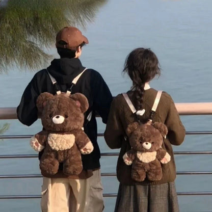 Love Bear Plush Shoulder Backpack in neutral brown for couples