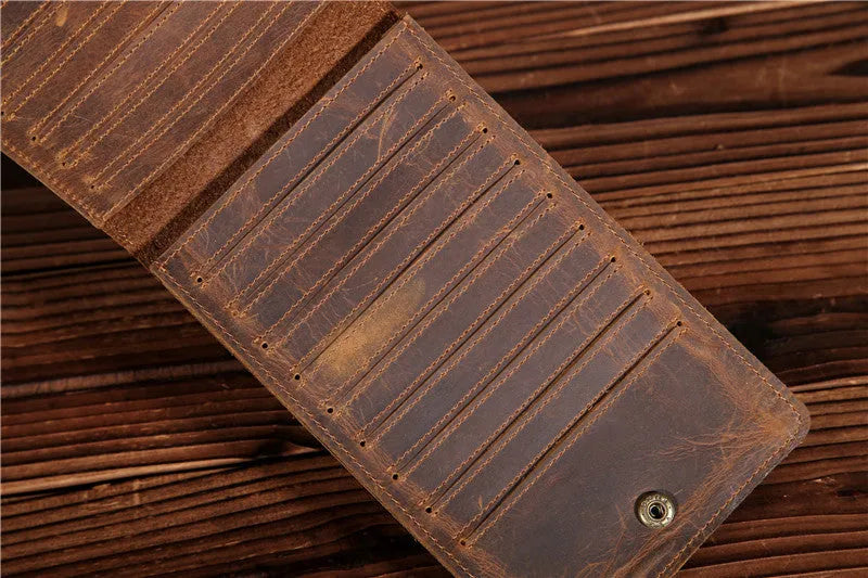 Men's cowhide card wallet with multiple slots shown open, displaying card and phone compartments.
