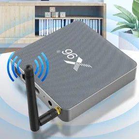 Android smart TV set-top box with remote control, HDMI cable and power adapter.