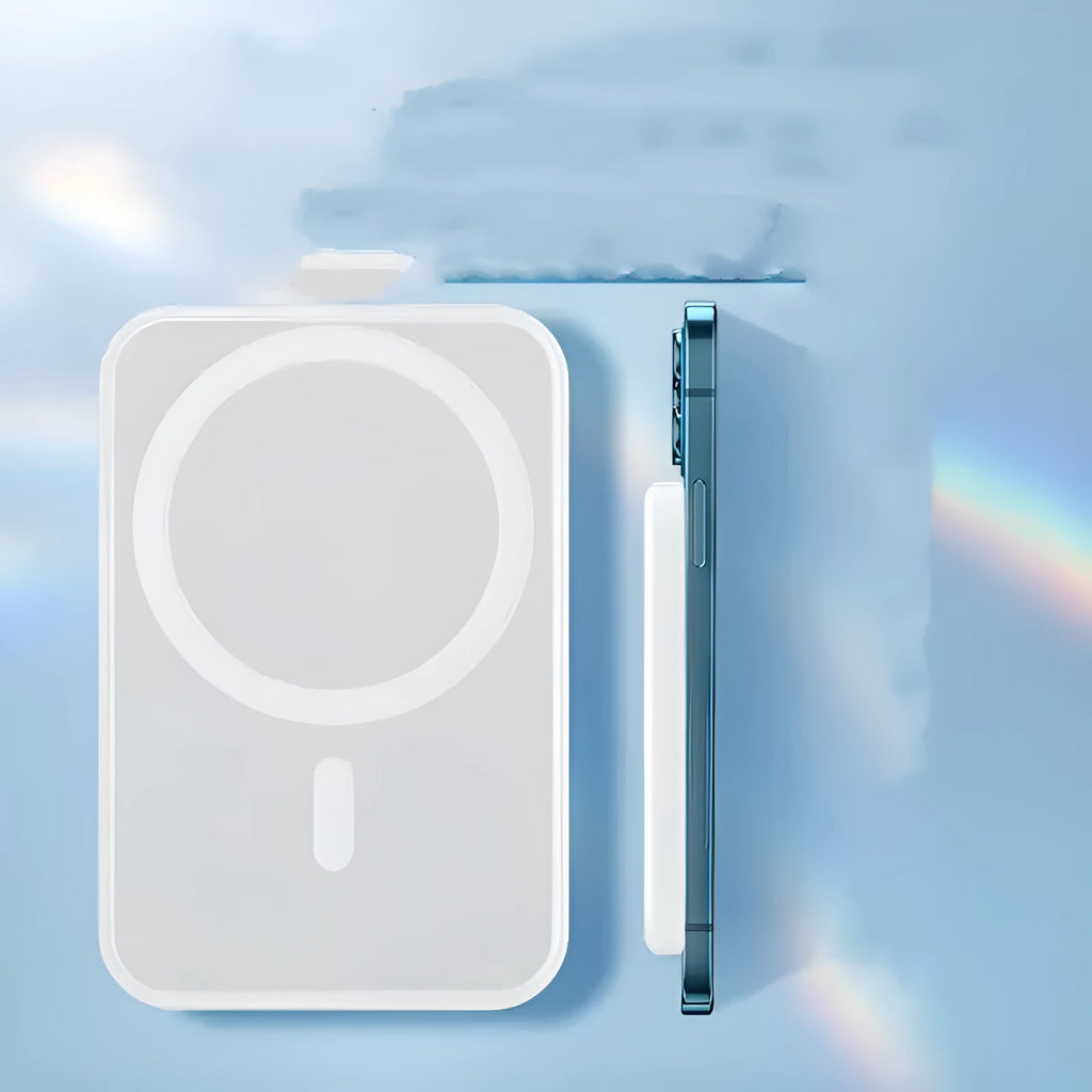 White magnetic wireless charger power bank with foot-shaped design showing dimensions