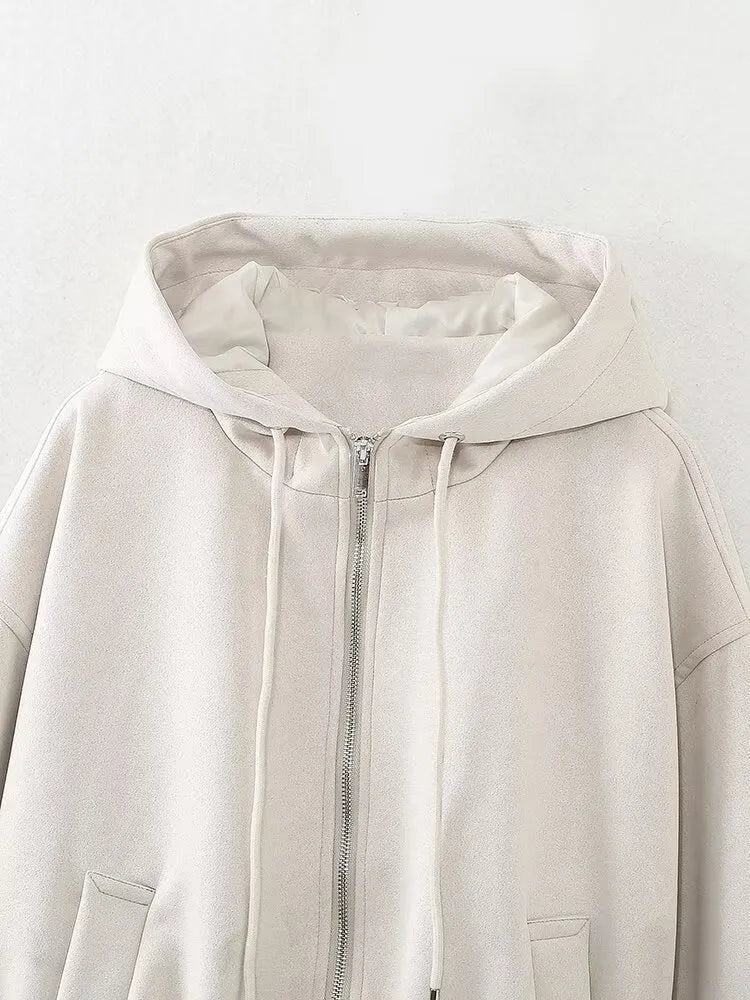 Women's casual hooded jacket in suede fabric available in black or white colours