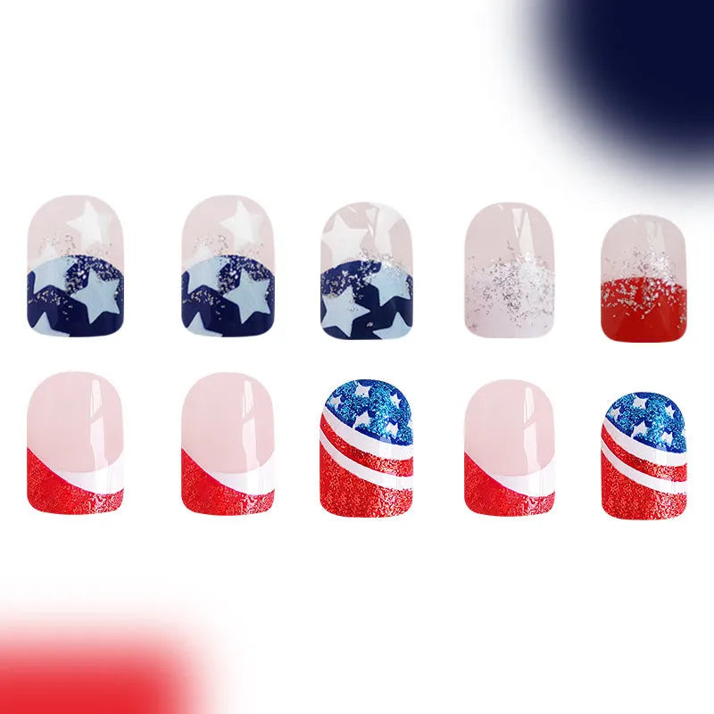 Independence Day themed nail art set with American five-pointed star design and XINGX pattern