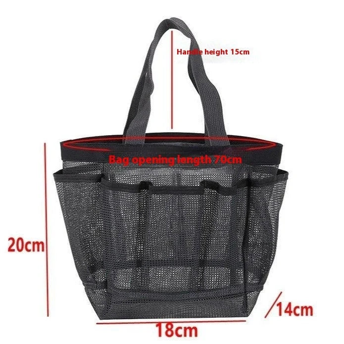 Black beach mesh toiletry bag with eight mesh pockets for organised storage
