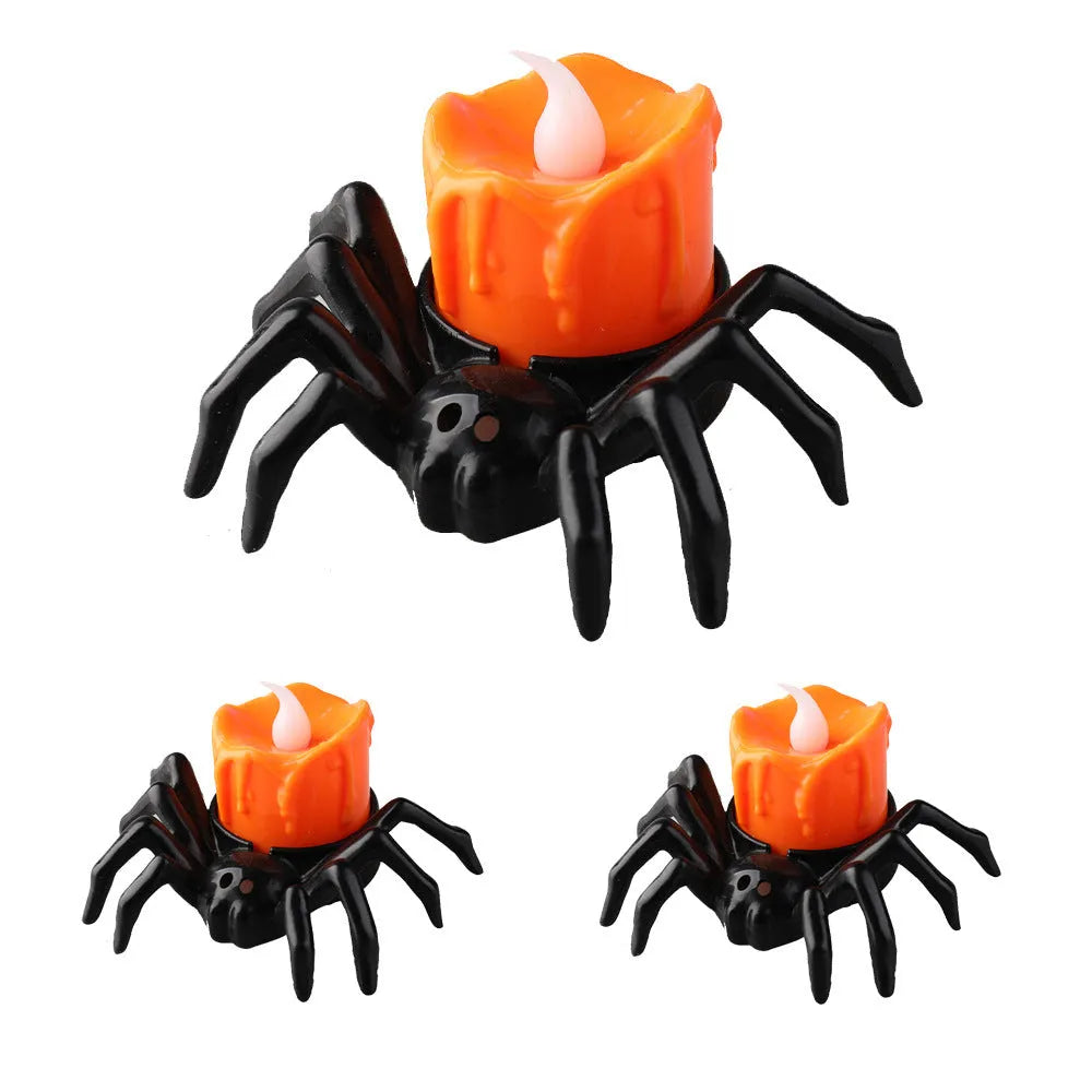 Halloween spider-back candle light ornament with plastic construction measuring 7 by 8.5 by 5 centimetres